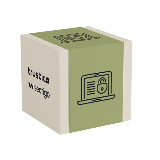 A 3D cube featuring the Trustico® and Sectigo® CA logos on one side, and a line drawing of a laptop with a padlock on the screen on another, symbolizing cybersecurity or secure online activity - perfectly representing the protection offered by Sectigo® DV Single Site from Sectigo® CA for single site SSL and domain validation SSL security needs.