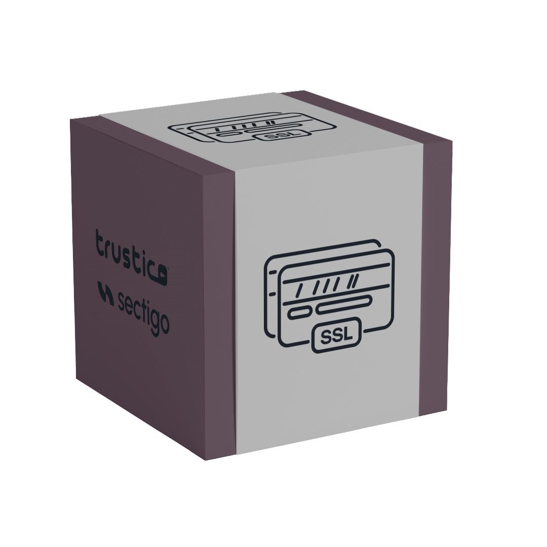 A 3D-rendered box featuring the Sectigo® CA logo on the side, with a credit card icon labeled “SSL” on the front and top, representing digital security services like the PositiveSSL DV + Multi Domain certificate, which offers Domain Validation and Subject Alternative Name support.