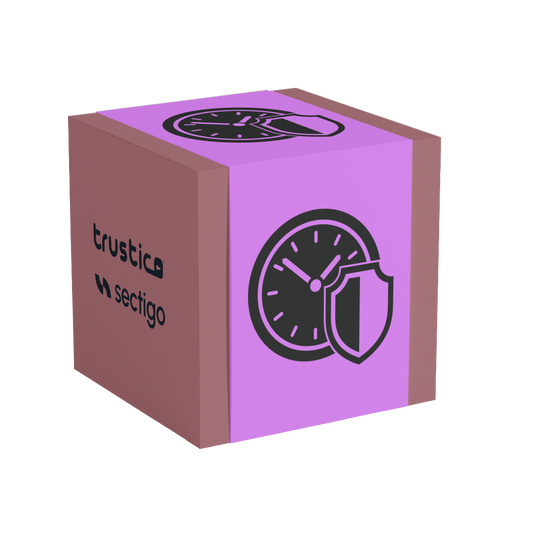 A purple and brown box features a clock with a shield on one side, along with Trustico® and Sectigo® CA logos, highlighting security and time-related services such as the Sectigo® EV + Multi Domain SSL Certificate.