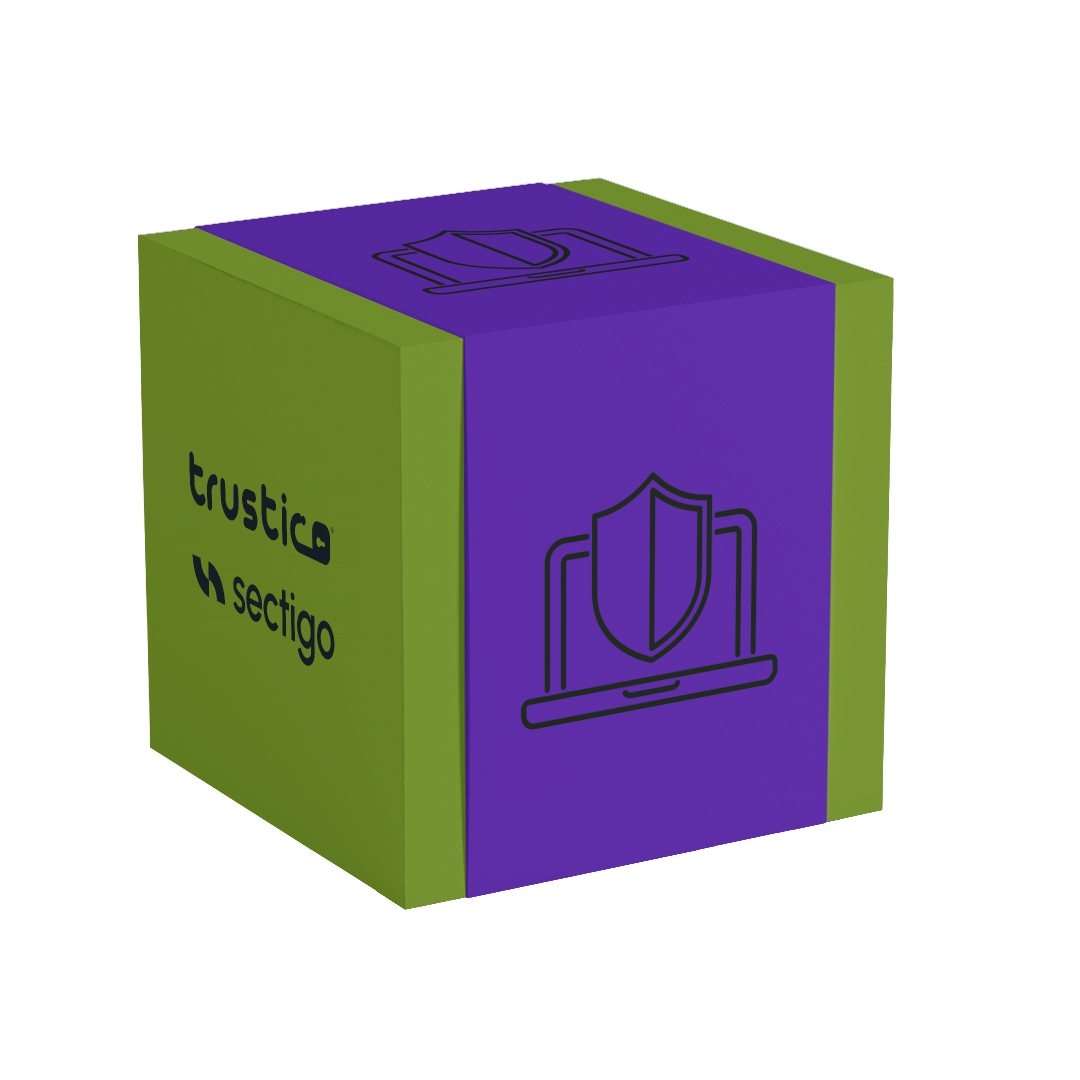 A green and purple cube with Trustico® and Sectigo® logos on the side and a laptop with a shield icon on the front, representing digital security.