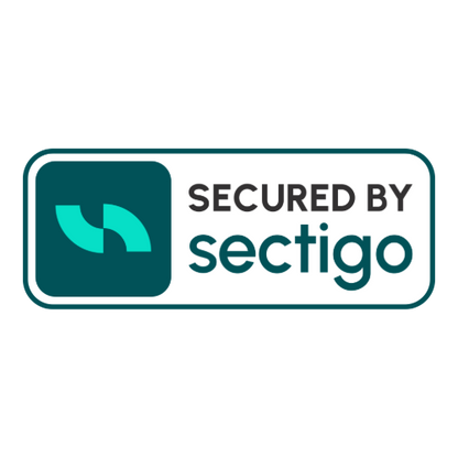 A badge displaying the text “Secured by Sectigo® CA” next to a teal logo with two curved shapes, all set on a white background with a teal border, represents trusted SSL Certificate protection through the Sectigo® CaaS DV + Wildcard + Multi Domain product from Sectigo® CA.